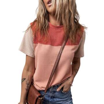 BLENCOT Womens Summer Tops 2025 Colorblock Round Neck Cute Women 2025 Fashion Loose Fit Spring Tops Business Blouses Work t-Shirts Red Medium