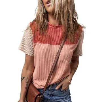 BLENCOT Womens Summer Tops 2025 Colorblock Round Neck Cute Women 2025 Fashion Loose Fit Spring Tops Business Blouses Work t-Shirts Red Medium