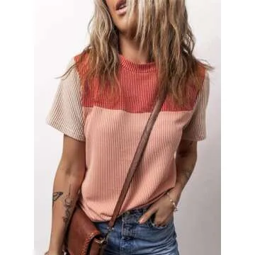 BLENCOT Womens Summer Tops 2025 Colorblock Round Neck Cute Women 2025 Fashion Loose Fit Spring Tops Business Blouses Work t-Shirts Red Medium