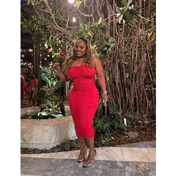 BEAGIMEG Women's Sexy Ruched Strapless Bodycon Tube Maxi Long Club Dress Red