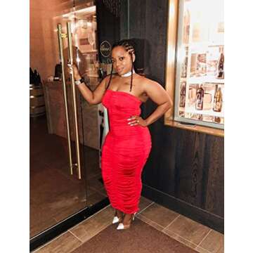 BEAGIMEG Women's Sexy Ruched Strapless Bodycon Tube Maxi Long Club Dress Red