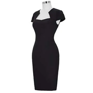 Women's 1950s Retro Vintage Cap Sleeve Black Pencil Dress S CL8947-1