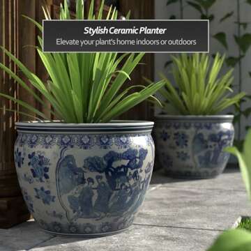 Red Lantern Large 20" Ladies Blue & White Porcelain Fishbowl Planter or Cachepot for Indoor/Outdoor ...