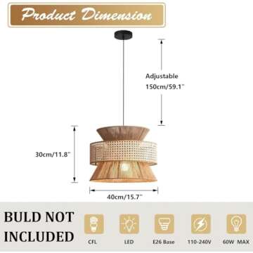 Magiroz Modern Large Rattan Pendant Lights Kitchen Island Farmhouse Brown Hand Woven Pendant Lightin...