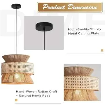 Magiroz Modern Large Rattan Pendant Lights Kitchen Island Farmhouse Brown Hand Woven Pendant Lighting Rustic Adjustable Boho Hanging Chandelier Light Fixture for Dining Room Bedroom Foyer MPL09-BR