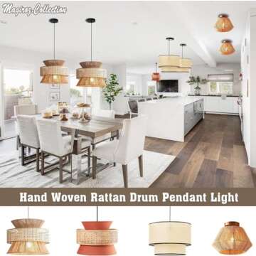 Magiroz Modern Large Rattan Pendant Lights Kitchen Island Farmhouse Brown Hand Woven Pendant Lighting Rustic Adjustable Boho Hanging Chandelier Light Fixture for Dining Room Bedroom Foyer MPL09-BR