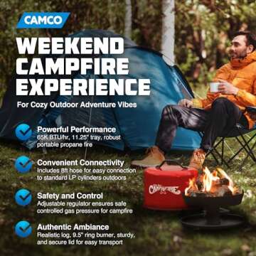 Camco Little Red Campfire 11.25 Inch Outdoor Portable Tabletop Propane Heater Fire Pit Bowl with Adjustable Regulator and Realistic Log Piece, Red