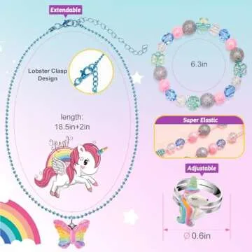 Kids Jewelry for Girls 4-6, Little Girls Play Jewelry Set for Toddlers Age 3-5 6-8, Childrens Princess Costume Dress Up Necklace Bracelets Rings, Unicorn Birthday Gifts for 3 4 5 7 6 8 Year Old