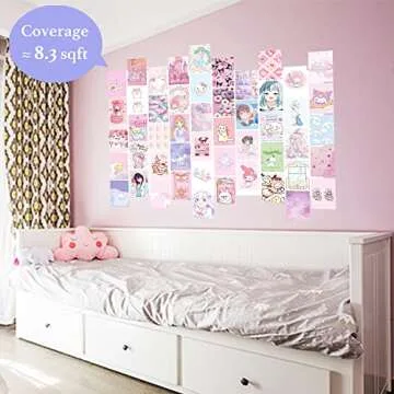 Kawaii Wall Collage Kit, Pink Anime Aesthetic Posters, Cute Sweet Room Decor Dorm Photo for Teen Girls Kids Gift 4x6 inch 50Pcs