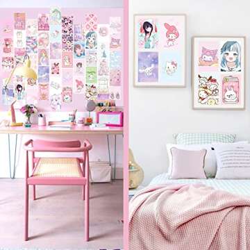 Kawaii Wall Collage Kit, Pink Anime Aesthetic Posters, Cute Sweet Room Decor Dorm Photo for Teen Girls Kids Gift 4x6 inch 50Pcs