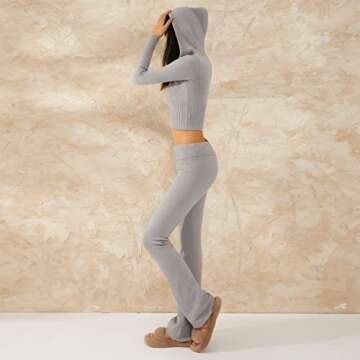 Yuemengxuan Women's 2 Piece Outfits Ribbed Knit Sweatsuit Long Sleeve Zip Up Hooded Sweater High Waist Flare Pants Tracksuit Lounge Sets, Grey, Large