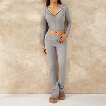 Yuemengxuan Women's 2 Piece Outfits Ribbed Knit Sweatsuit Long Sleeve Zip Up Hooded Sweater High Waist Flare Pants Tracksuit Lounge Sets, Grey, Large