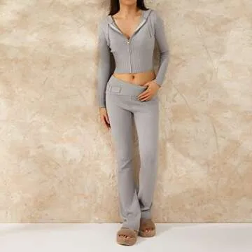 Yuemengxuan Women's 2 Piece Outfits Ribbed Knit Sweatsuit Long Sleeve Zip Up Hooded Sweater High Waist Flare Pants Tracksuit Lounge Sets, Grey, Large