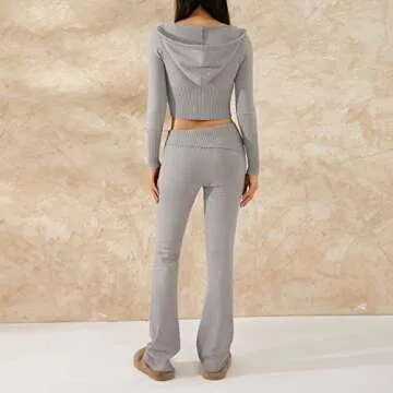 Yuemengxuan Women's 2 Piece Outfits Ribbed Knit Sweatsuit Long Sleeve Zip Up Hooded Sweater High Waist Flare Pants Tracksuit Lounge Sets, Grey, Large