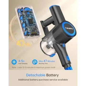 FABULETTA Cordless Vacuum Cleaner for Home, 400W Lightweight Vacuum Cleaner with MAX 47Min Detachable Battery, Brushless Motor, 6 in 1 Stick Vacuum for Hardwood Floors and Carpet Pet Hair Car（Blue）