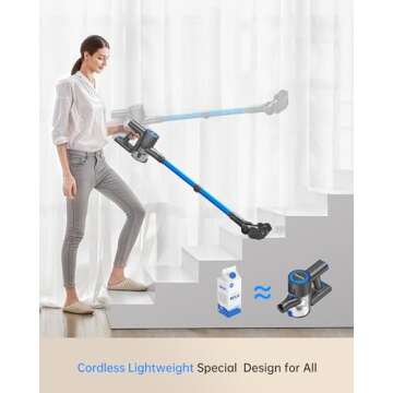 FABULETTA Cordless Vacuum Cleaner for Home, 400W Lightweight Vacuum Cleaner with MAX 47Min Detachable Battery, Brushless Motor, 6 in 1 Stick Vacuum for Hardwood Floors and Carpet Pet Hair Car（Blue）
