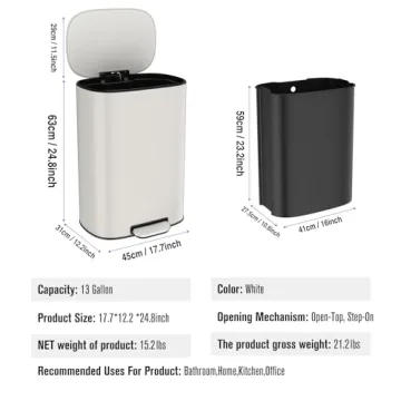 Modern 13 Gallon Stainless Steel Step Trash Can with Quiet Lid