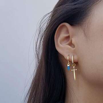 Dagger Hoop Cuff Earrings Gold Plated S925 Sterling Silver Cubic Zirconia Hypoallergenic Cartilage E...