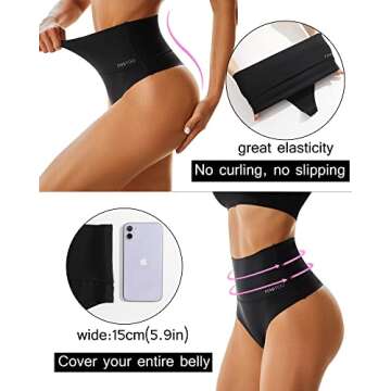 FINETOO High Waisted Thongs for Women Tummy Control Underwear Soft Nylon Stretchy No Show High Rise ...