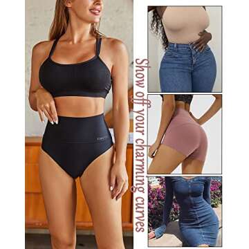 FINETOO High Waisted Thongs for Women Tummy Control Underwear Soft Nylon Stretchy No Show High Rise Thong Panties 4 Pack