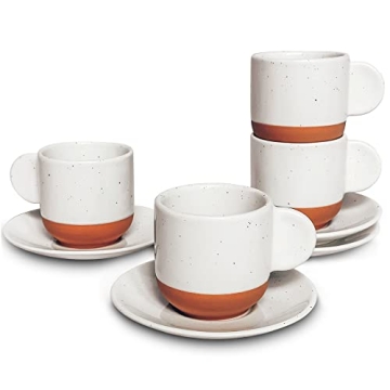 Mora Ceramic Mini Espresso Cups Set of 4, 3oz - Tiny Italian Inspired Mugs With Saucers For Small Sh...