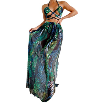 WDIRARA Women's Tropical Print Criss Cross Bikini Set with Beach Skirt