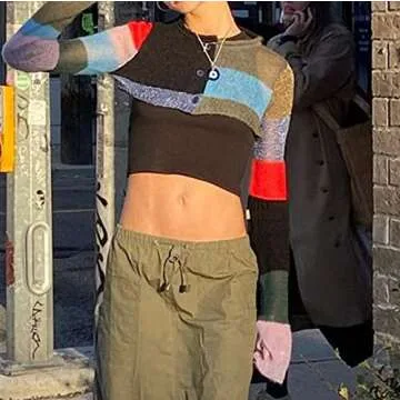 Women's Crop Tops Y2K Patchwork Crochet Top Cardigan Crop Sweater Going Out Tops for Women Long Sleeve Vintage Streetwear