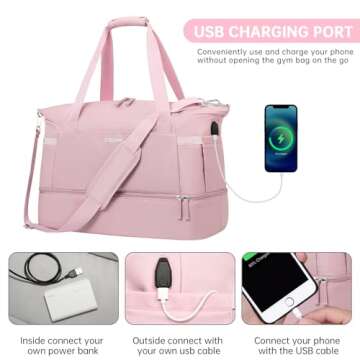 ETRONIK Gym Bag for Women, Personal Item Travel Bag with Shoes Compartment, Weekender Overnight Duffel Bag with Wet Pocket & USB Charging Port, Carry On Bag for Women, Travel, Gym, Weekend (Pink)