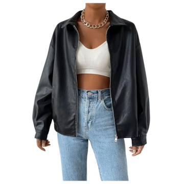 MakeMeChic Women's Faux Leather Shacket Long Sleeve Zip Up Motorcycle Jacket Biker Coat Zip Black S