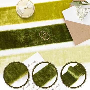 Mlurcu Silk Velvet Ribbon 2 Inch 3Yds Handmade Frayed Fringe Ribbon Rustic Boho Raw Edge Fabric Ribbon Cream & Green Ribbons Set for Wedding Invitations, Bridal Bouquets, Gift Wrapping, DIY Crafts