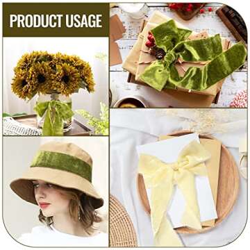 Mlurcu Silk Velvet Ribbon 2 Inch 3Yds Handmade Frayed Fringe Ribbon Rustic Boho Raw Edge Fabric Ribbon Cream & Green Ribbons Set for Wedding Invitations, Bridal Bouquets, Gift Wrapping, DIY Crafts