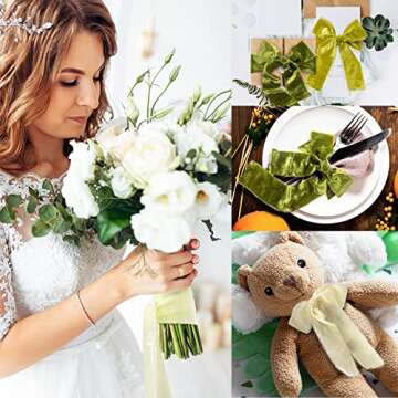 Mlurcu Silk Velvet Ribbon 2 Inch 3Yds Handmade Frayed Fringe Ribbon Rustic Boho Raw Edge Fabric Ribbon Cream & Green Ribbons Set for Wedding Invitations, Bridal Bouquets, Gift Wrapping, DIY Crafts