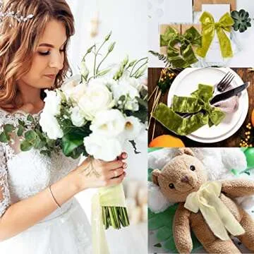 Mlurcu Silk Velvet Ribbon 2 Inch 3Yds Handmade Frayed Fringe Ribbon Rustic Boho Raw Edge Fabric Ribbon Cream & Green Ribbons Set for Wedding Invitations, Bridal Bouquets, Gift Wrapping, DIY Crafts