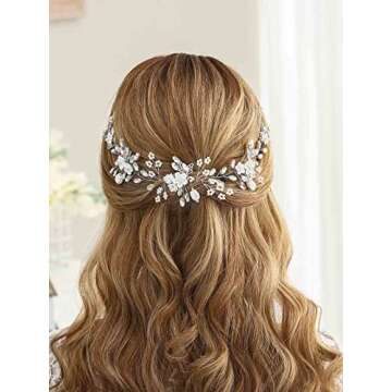 Unicra Bride Flower Wedding Hair Vine Pearls Bridal Hair Piece Crystal Hair Accessories for Women and Girls (Silver)