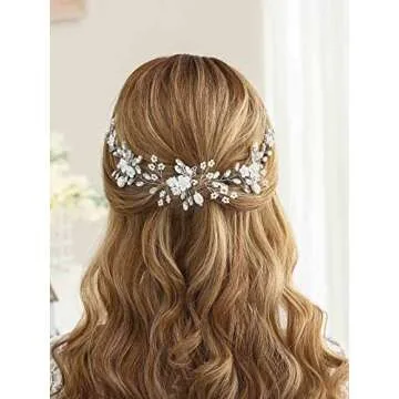 Unicra Bride Flower Wedding Hair Vine Pearls Bridal Hair Piece Crystal Hair Accessories for Women and Girls (Silver)