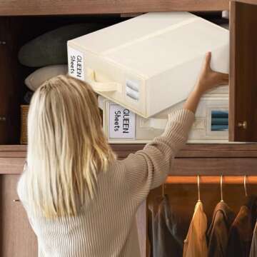 YUOROS Sheet Organizers and Storage (Queen or King Size) Foldable Bed Sheet Set Organizer for Bed Sheet, Duvet Covers and Pillowcases(4 Pack, Beige)