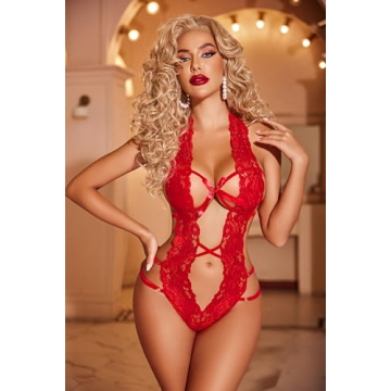 Avidlove Red Lace Halter Teddy Bodysuit Adjustable Elegant