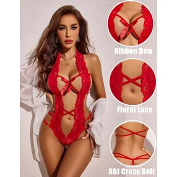 Avidlove Red Lace Halter Teddy Bodysuit Adjustable Elegant