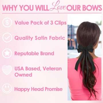 Styla Hair 3-Piece Satin Bow Clip Set for Women & Girls - Metal Alligator Clip No Slip Double Long T...