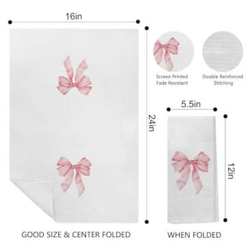 Kemingni Coquette Pink Bow Ribbon Kitchen Towels, Preppy Hand Towels for Bathroom, Preppy Coquette G...