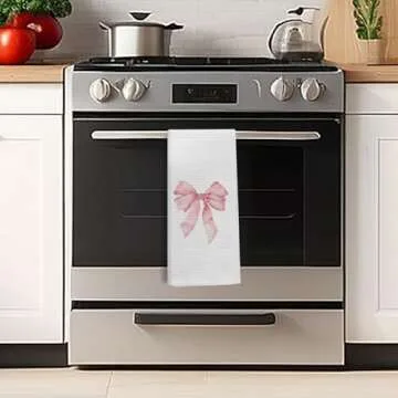 Kemingni Coquette Pink Bow Ribbon Kitchen Towels, Preppy Hand Towels for Bathroom, Preppy Coquette Girly Bathroom Decor, Coquette Bow Decorative Dish Towels Tea Towels for Kitchen, 16x24 Inches