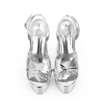 Onlymaker Silver Platform Heels for Women Chunky Heel Sexy Ankle Strap Chunky Block Heeled Sandals Open Toe Sparkly Metallic Leather Silver Platform Chunky Heels Size 10