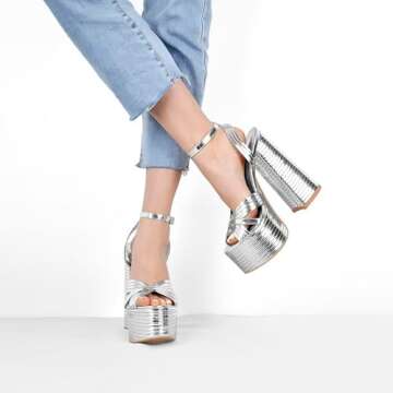 Onlymaker Silver Platform Heels for Women Chunky Heel Sexy Ankle Strap Chunky Block Heeled Sandals Open Toe Sparkly Metallic Leather Silver Platform Chunky Heels Size 10