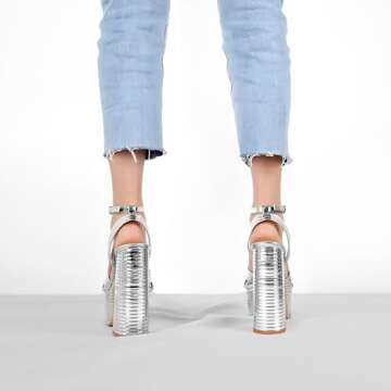 Onlymaker Silver Platform Heels for Women Chunky Heel Sexy Ankle Strap Chunky Block Heeled Sandals Open Toe Sparkly Metallic Leather Silver Platform Chunky Heels Size 10