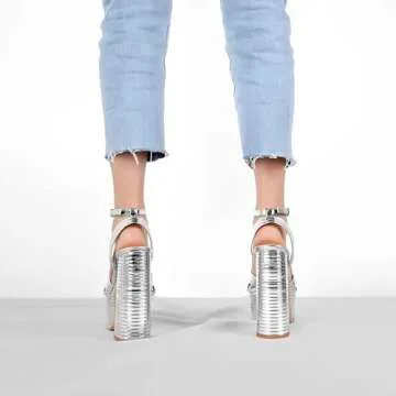 Onlymaker Silver Platform Heels for Women Chunky Heel Sexy Ankle Strap Chunky Block Heeled Sandals Open Toe Sparkly Metallic Leather Silver Platform Chunky Heels Size 10