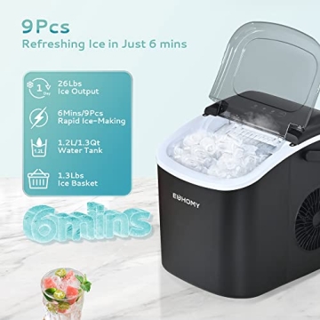 EUHOMY Ice Maker - 26lbs/24hrs, Black, Auto-Cleaning
