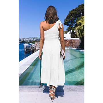MEROKEETY Women's Summer One Shoulder Sleeveless Knot Smocked Midi Dress Split Tiered Flowy Dresses,White,S