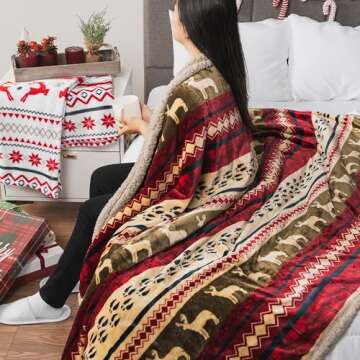PAVILIA Premium Christmas Blanket Sherpa Fleece Throw| Plush Christmas Decoration, Reindeer, Cozy Reversible Winter Holiday Cabin Blanket for Sofa Couch 50x60