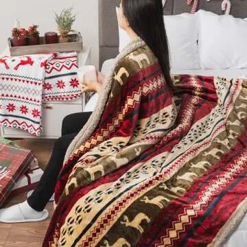 PAVILIA Premium Christmas Blanket Sherpa Fleece Throw| Plush Christmas Decoration, Reindeer, Cozy Reversible Winter Holiday Cabin Blanket for Sofa Couch 50x60