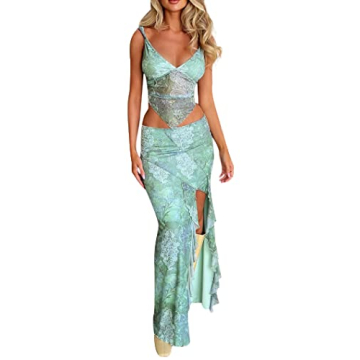 Leyajedol Women Y2k 2 Piece Skirt Set Low Cut Slim Fit Crop Top Low Waist Bodycon Maxi Skirt Outfit ...